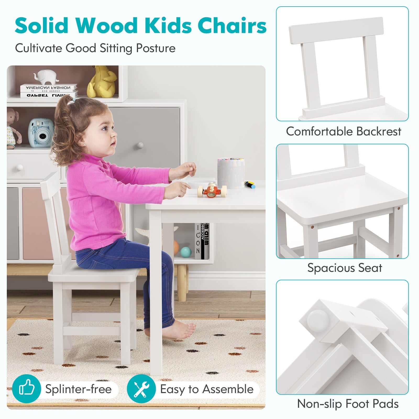 Wooden Kids Table and 2 Chairs Set with Anti-slip Foot Pads, White Kids Table & Chair Sets at Gallery Canada