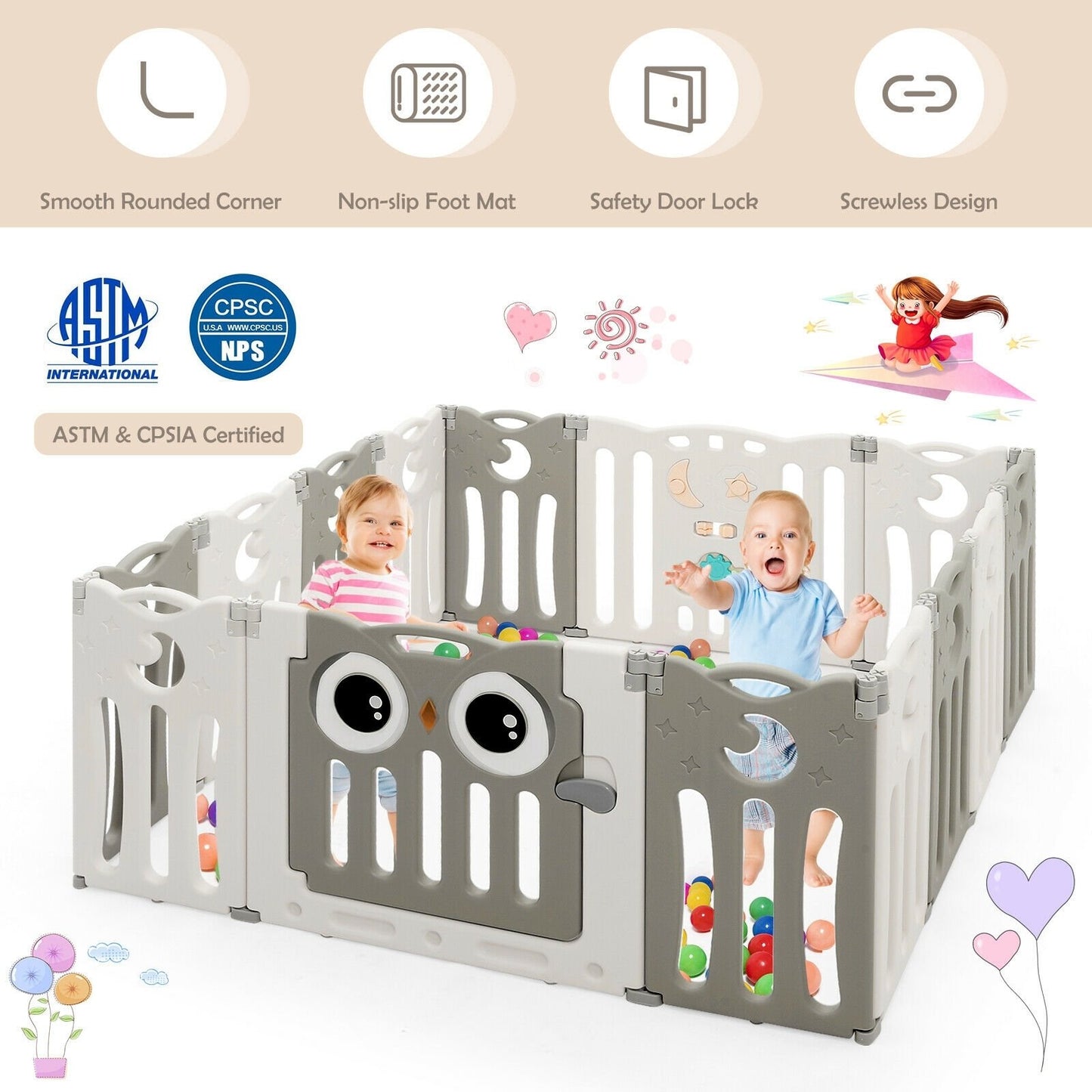 14-Panel Baby Playpen Kids Activity Center Foldable Play Yard with Lock Door, Beige Baby Playpen & Playards at Gallery Canada