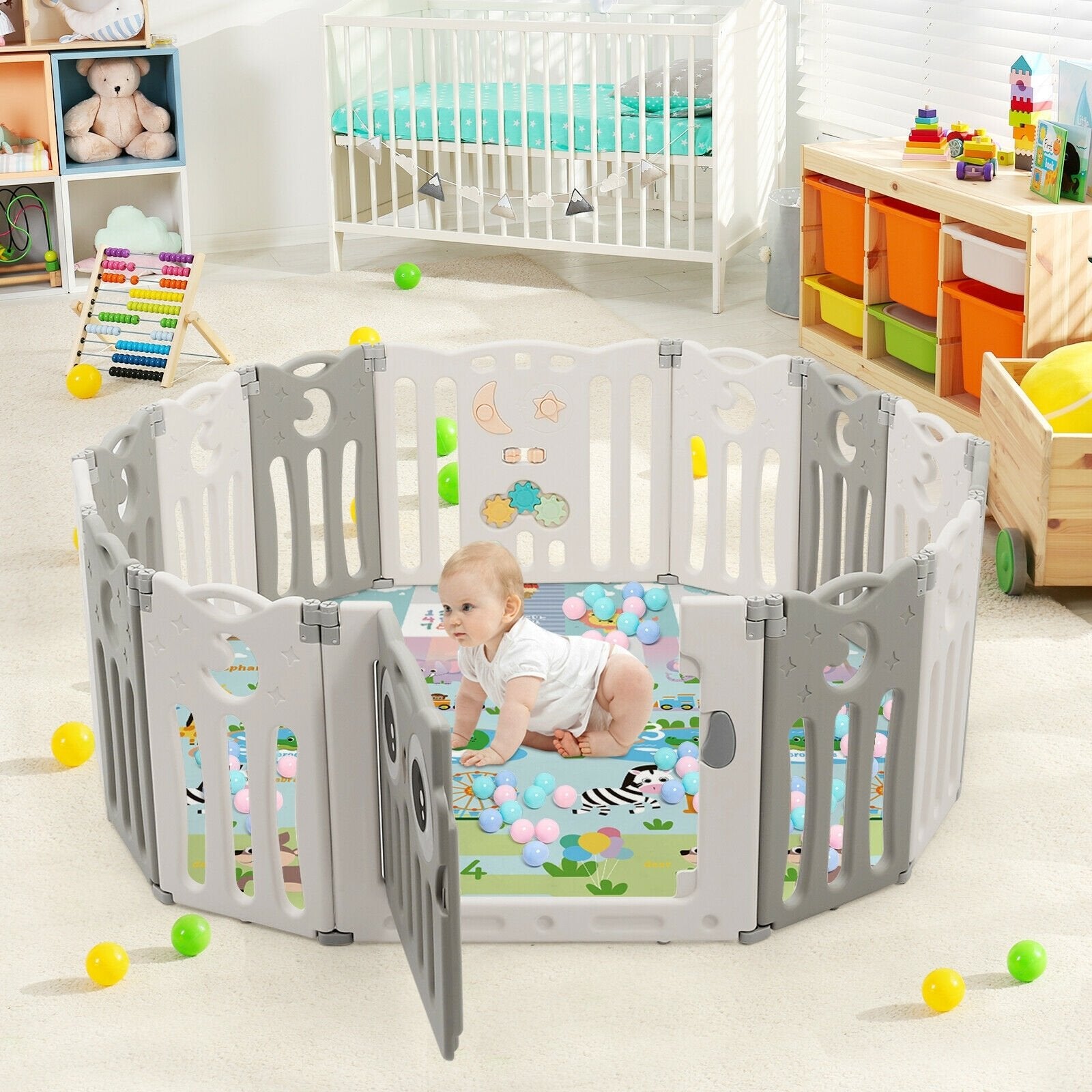 14-Panel Baby Playpen Kids Activity Center Foldable Play Yard with Lock Door, Beige Baby Playpen & Playards at Gallery Canada