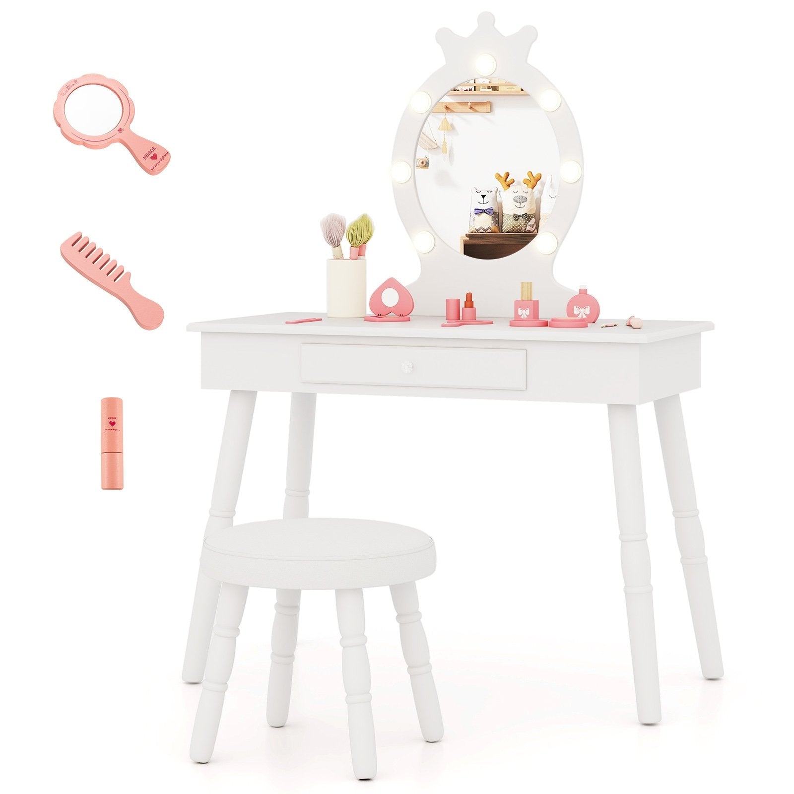 Kids Vanity Set with Lighted Mirror with Adjustable Brightness and Large Drawer, White Kids Vanities at Gallery Canada