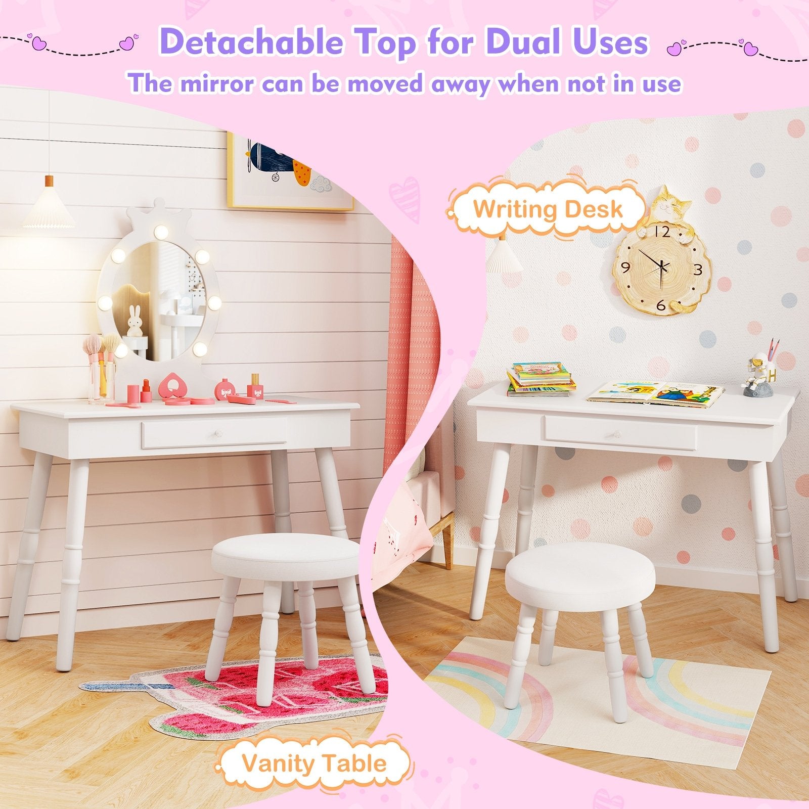 Kids Vanity Set with Lighted Mirror with Adjustable Brightness and Large Drawer, White Kids Vanities at Gallery Canada