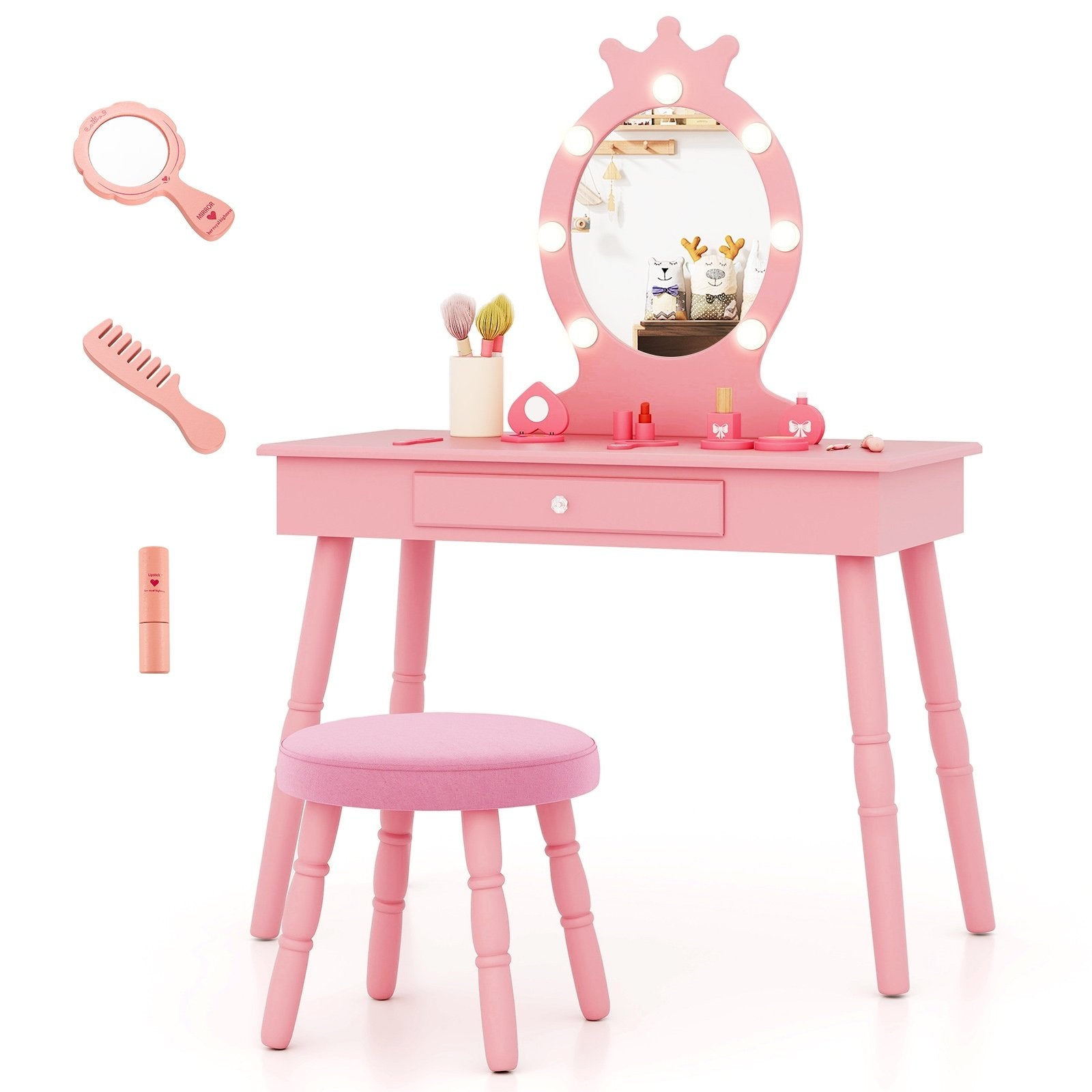 Kids Vanity Set with Lighted Mirror with Adjustable Brightness and Large Drawer, Pink Kids Vanities at Gallery Canada