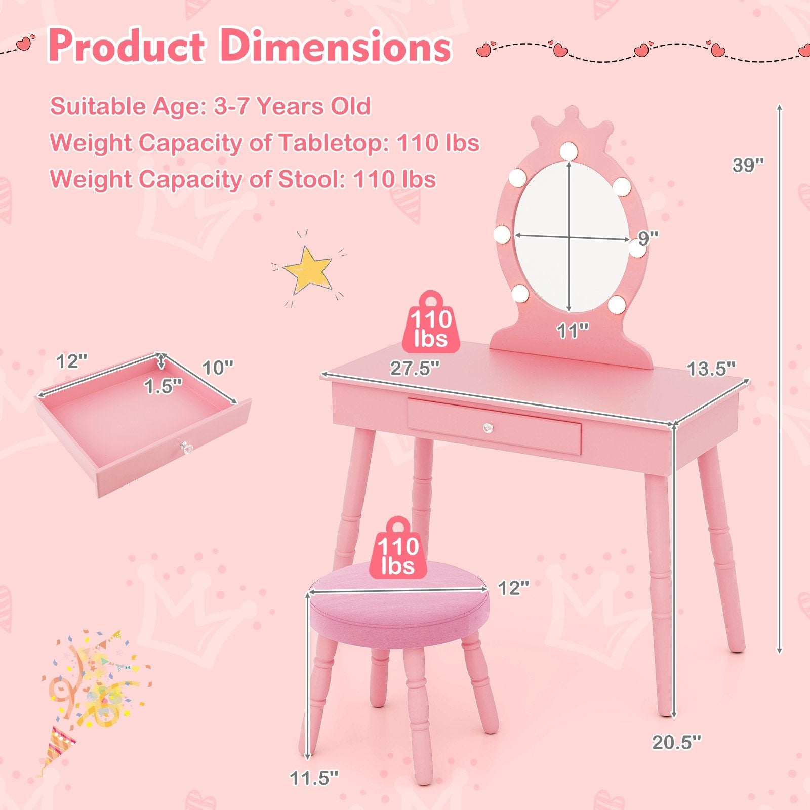 Kids Vanity Set with Lighted Mirror with Adjustable Brightness and Large Drawer, Pink Kids Vanities at Gallery Canada