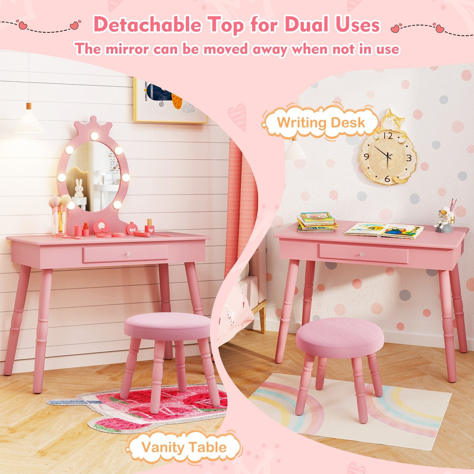 Kids Vanity Set with Lighted Mirror with Adjustable Brightness and Large Drawer, Pink Kids Vanities at Gallery Canada