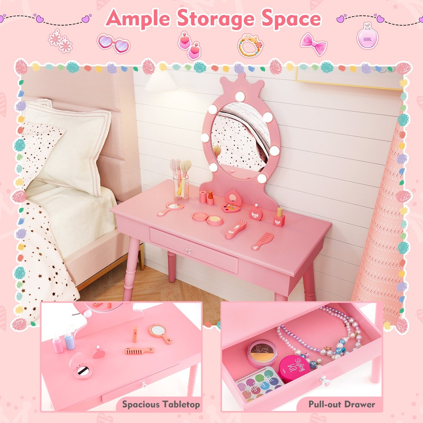 Kids Vanity Set with Lighted Mirror with Adjustable Brightness and Large Drawer, Pink Kids Vanities at Gallery Canada