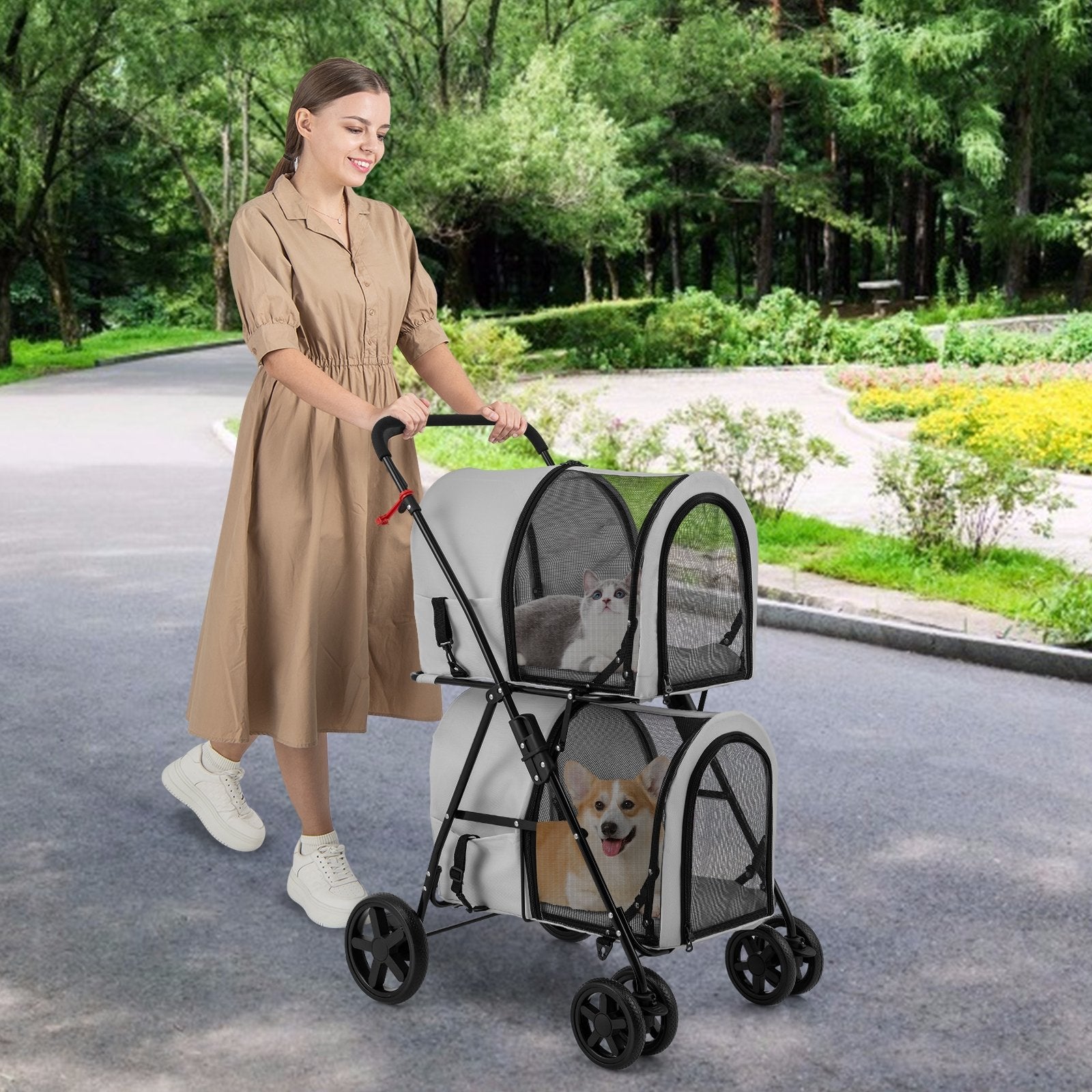 4-in-1 Double Pet Stroller with Detachable Carrier and Travel Carriage, Gray Dog Supplies at Gallery Canada