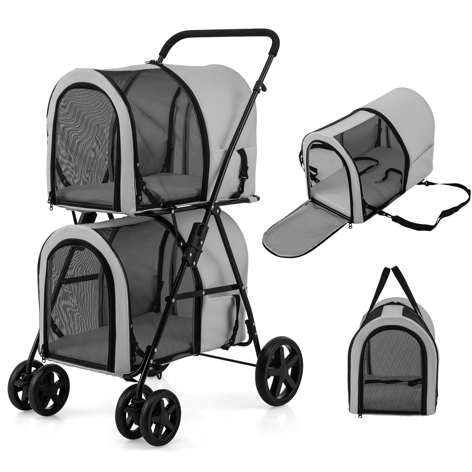 4-in-1 Double Pet Stroller with Detachable Carrier and Travel Carriage, Gray Dog Supplies at Gallery Canada