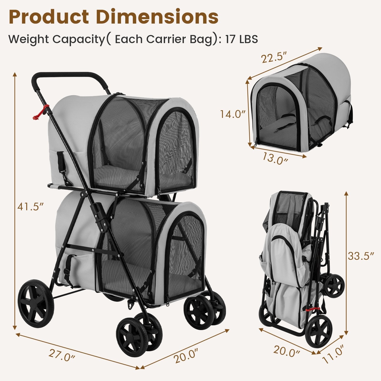 4-in-1 Double Pet Stroller with Detachable Carrier and Travel Carriage, Gray Dog Supplies at Gallery Canada