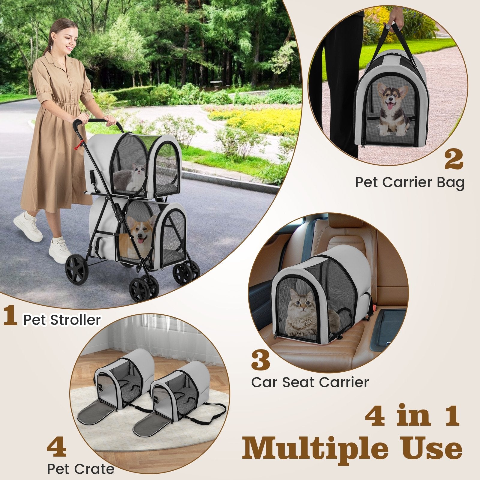 4-in-1 Double Pet Stroller with Detachable Carrier and Travel Carriage, Gray Dog Supplies at Gallery Canada