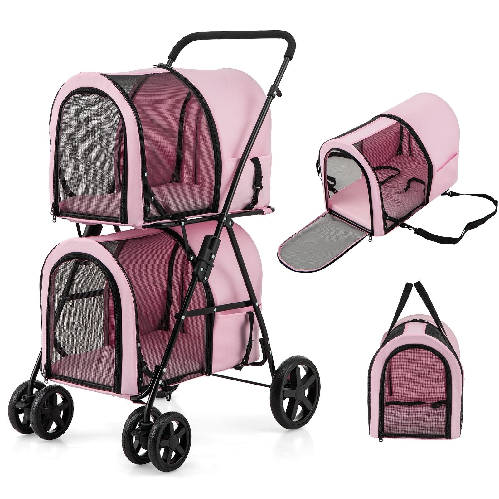 4-in-1 Double Pet Stroller with Detachable Carrier and Travel Carriage, Pink Dog Supplies at Gallery Canada