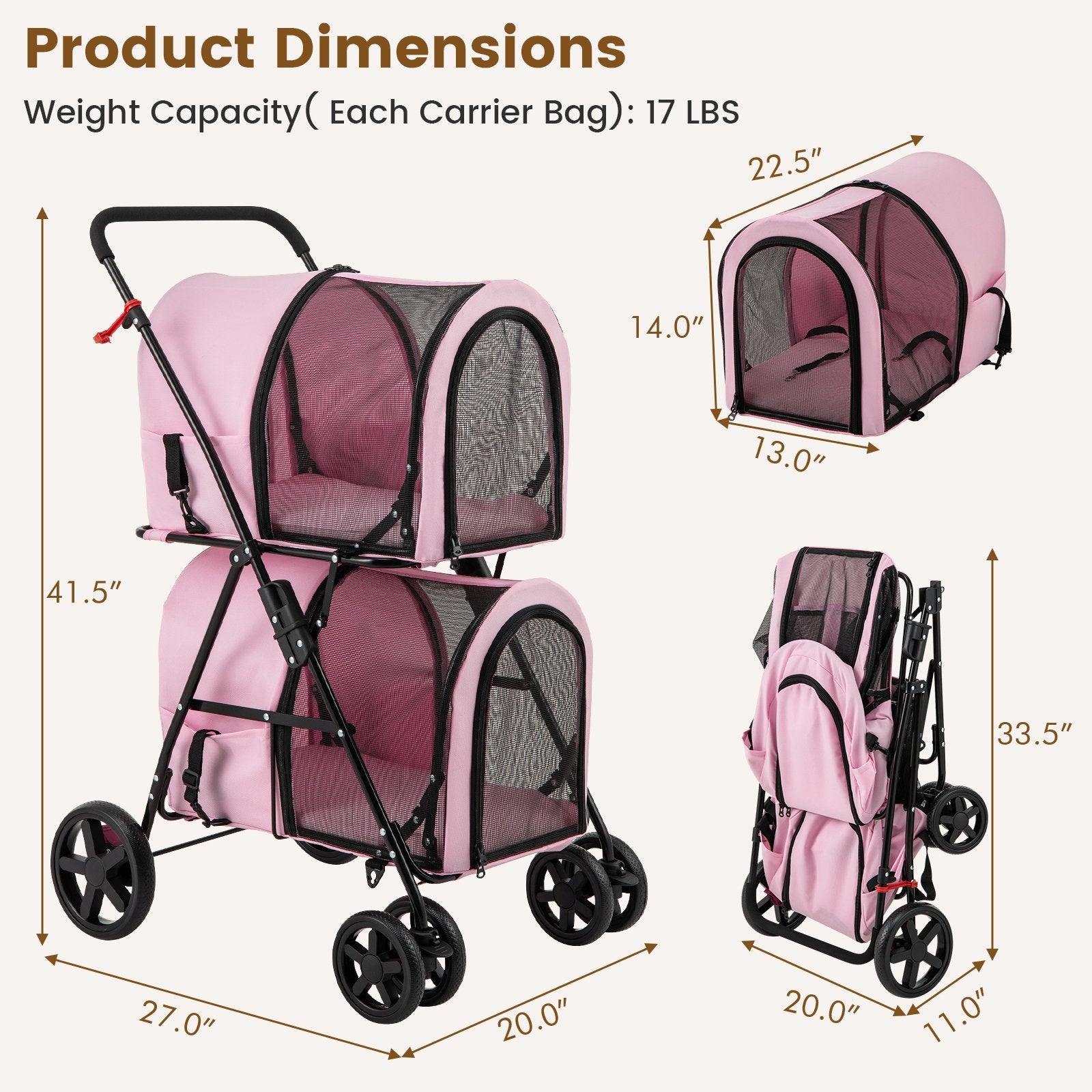 4-in-1 Double Pet Stroller with Detachable Carrier and Travel Carriage, Pink Dog Supplies at Gallery Canada