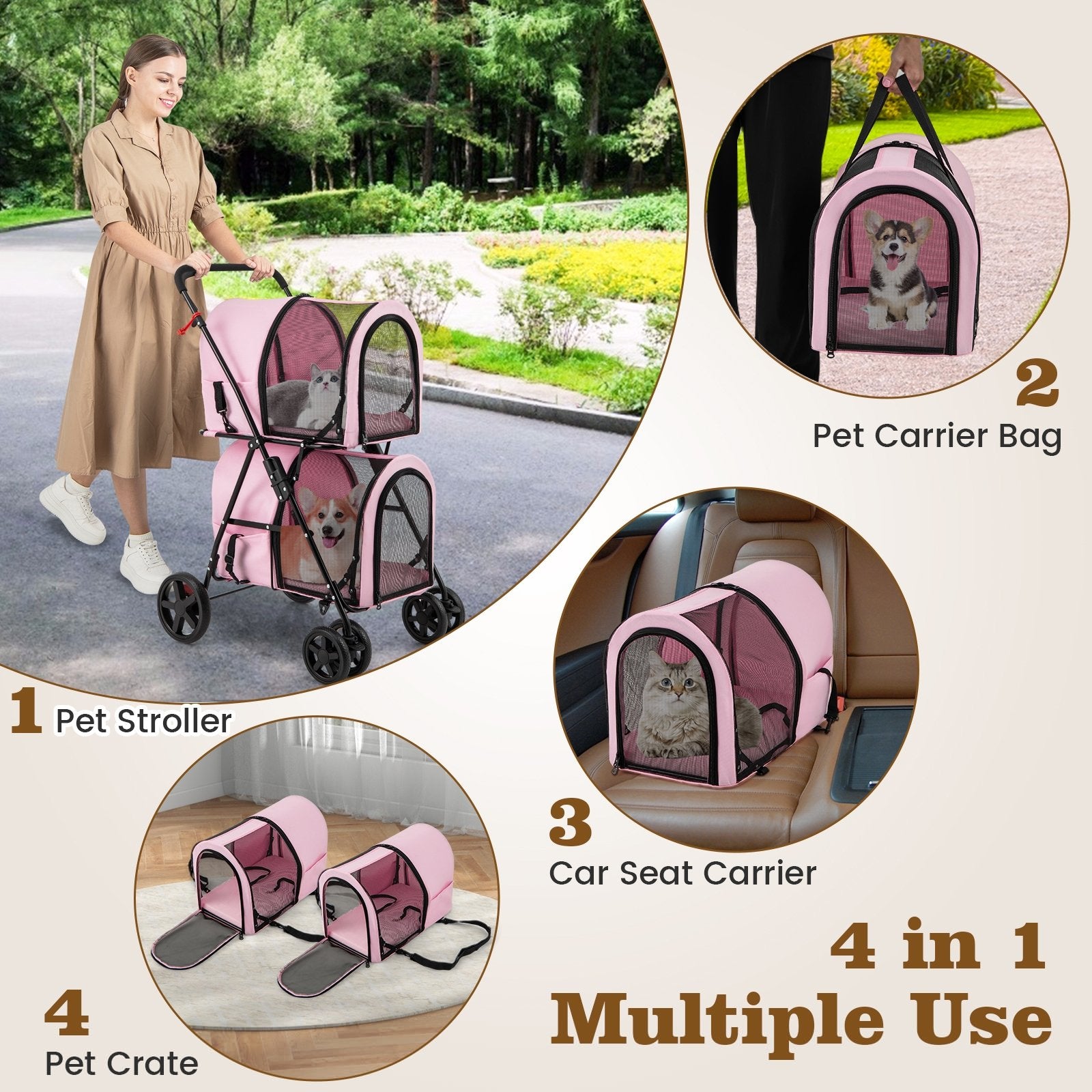 4-in-1 Double Pet Stroller with Detachable Carrier and Travel Carriage, Pink Dog Supplies at Gallery Canada