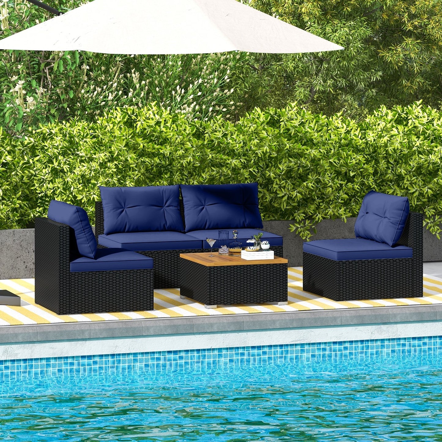 5 Piece Outdoor Furniture Set with Solid Tabletop and Soft Cushions, Navy Outdoor Sectionals at Gallery Canada