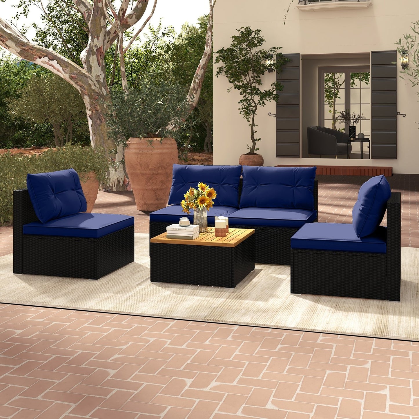 5 Piece Outdoor Furniture Set with Solid Tabletop and Soft Cushions, Navy Outdoor Sectionals at Gallery Canada