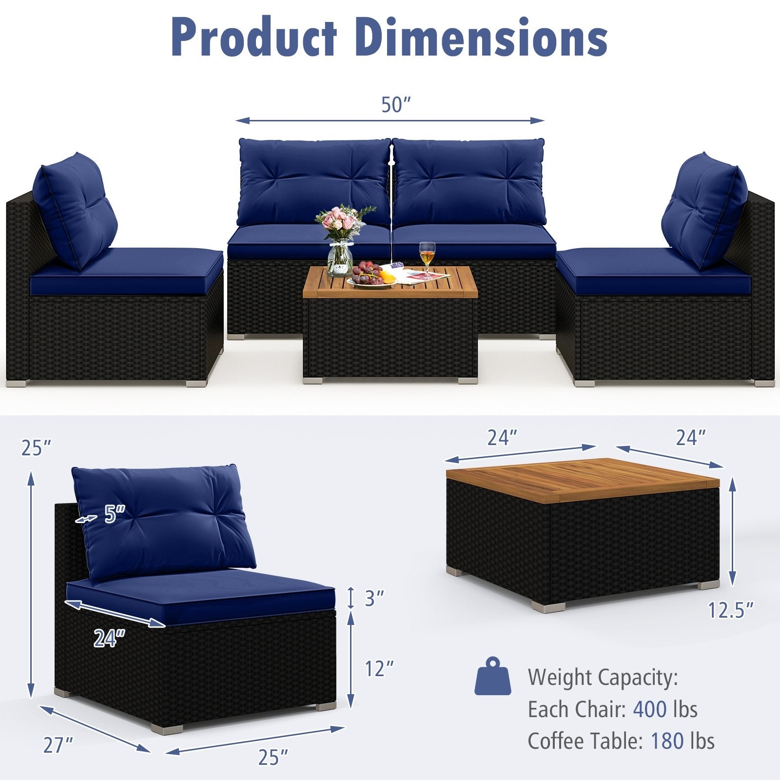 5 Piece Outdoor Furniture Set with Solid Tabletop and Soft Cushions, Navy Outdoor Sectionals at Gallery Canada