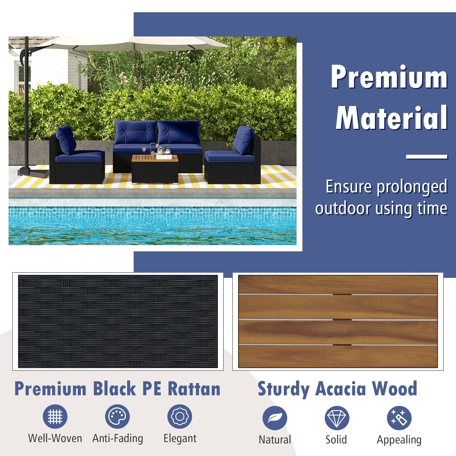 5 Piece Outdoor Furniture Set with Solid Tabletop and Soft Cushions, Navy Outdoor Sectionals at Gallery Canada