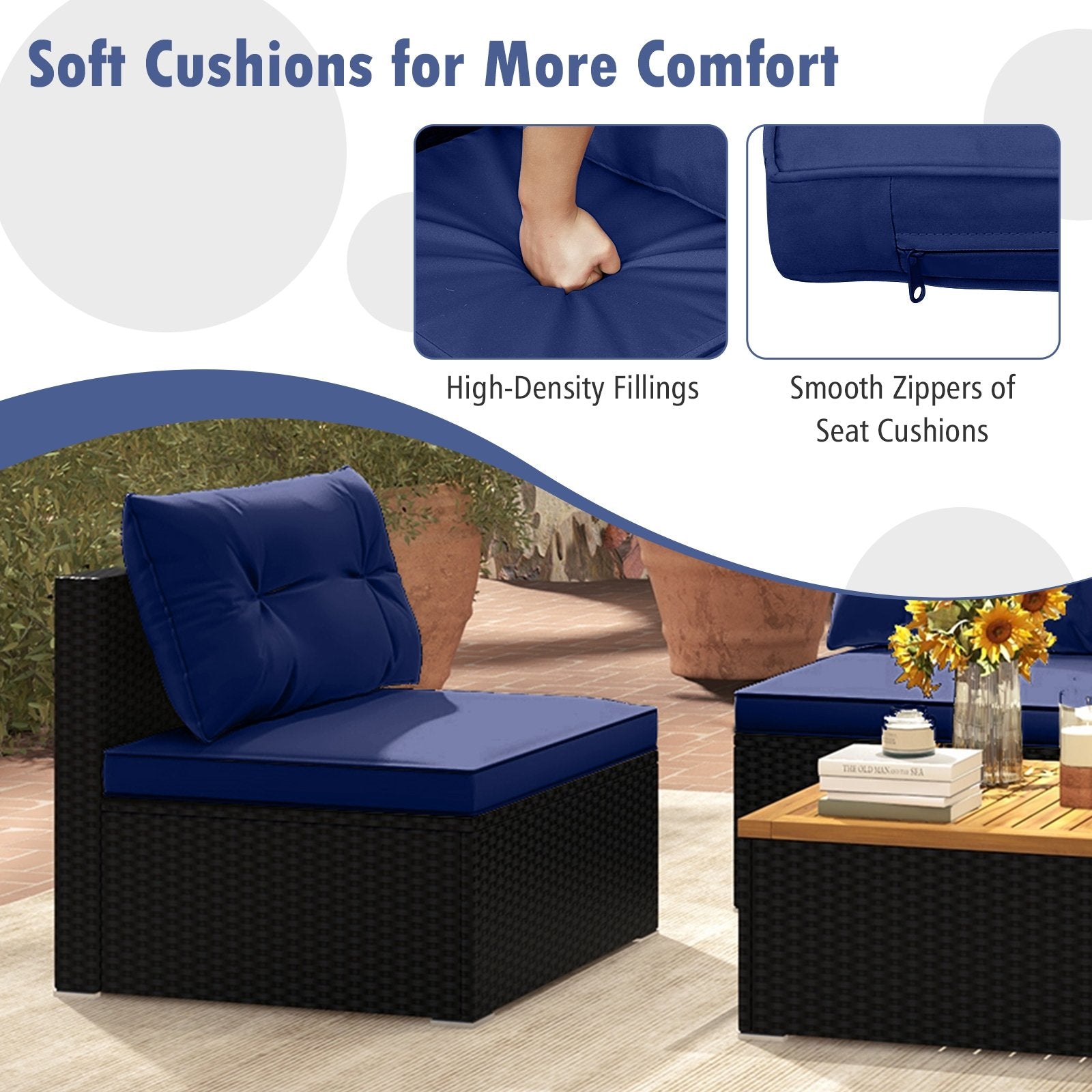 5 Piece Outdoor Furniture Set with Solid Tabletop and Soft Cushions, Navy Outdoor Sectionals at Gallery Canada