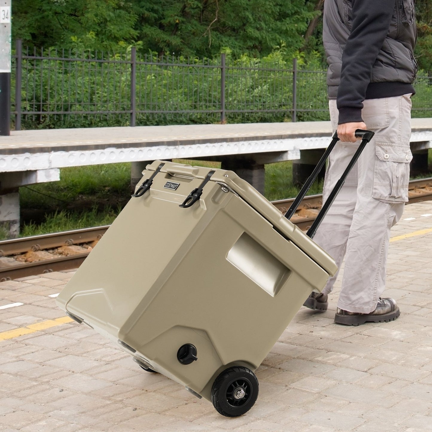 42 Quart Hard Cooler with Wheels and Handle, Tan Coolers at Gallery Canada