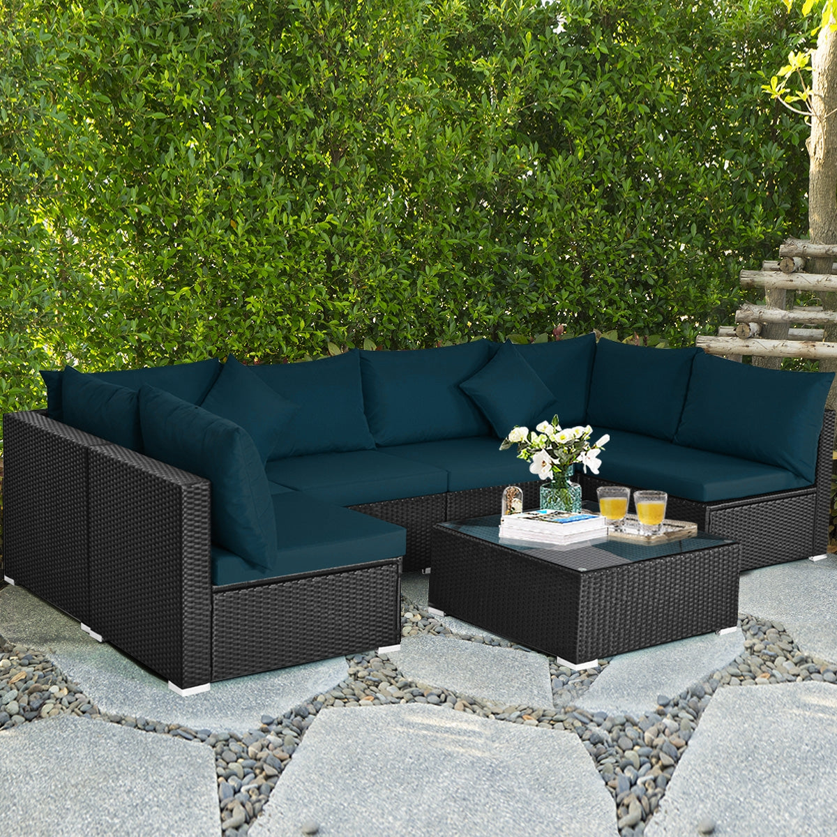 7 Pieces Sectional Wicker Furniture Sofa Set with Tempered Glass Top, Peacock Blue Outdoor Sectionals   at Gallery Canada