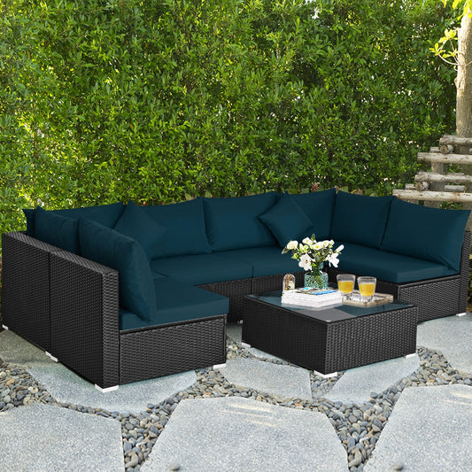 7 Pieces Sectional Wicker Furniture Sofa Set with Tempered Glass Top, Peacock Blue Outdoor Sectionals Peacock Blue  at Gallery Canada