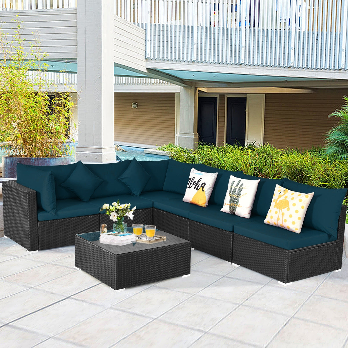 7 Pieces Sectional Wicker Furniture Sofa Set with Tempered Glass Top, Peacock Blue Outdoor Sectionals   at Gallery Canada