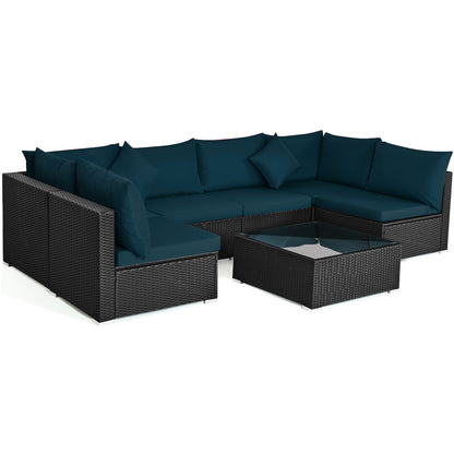 7 Pieces Sectional Wicker Furniture Sofa Set with Tempered Glass Top, Peacock Blue Outdoor Sectionals Peacock Blue  at Gallery Canada