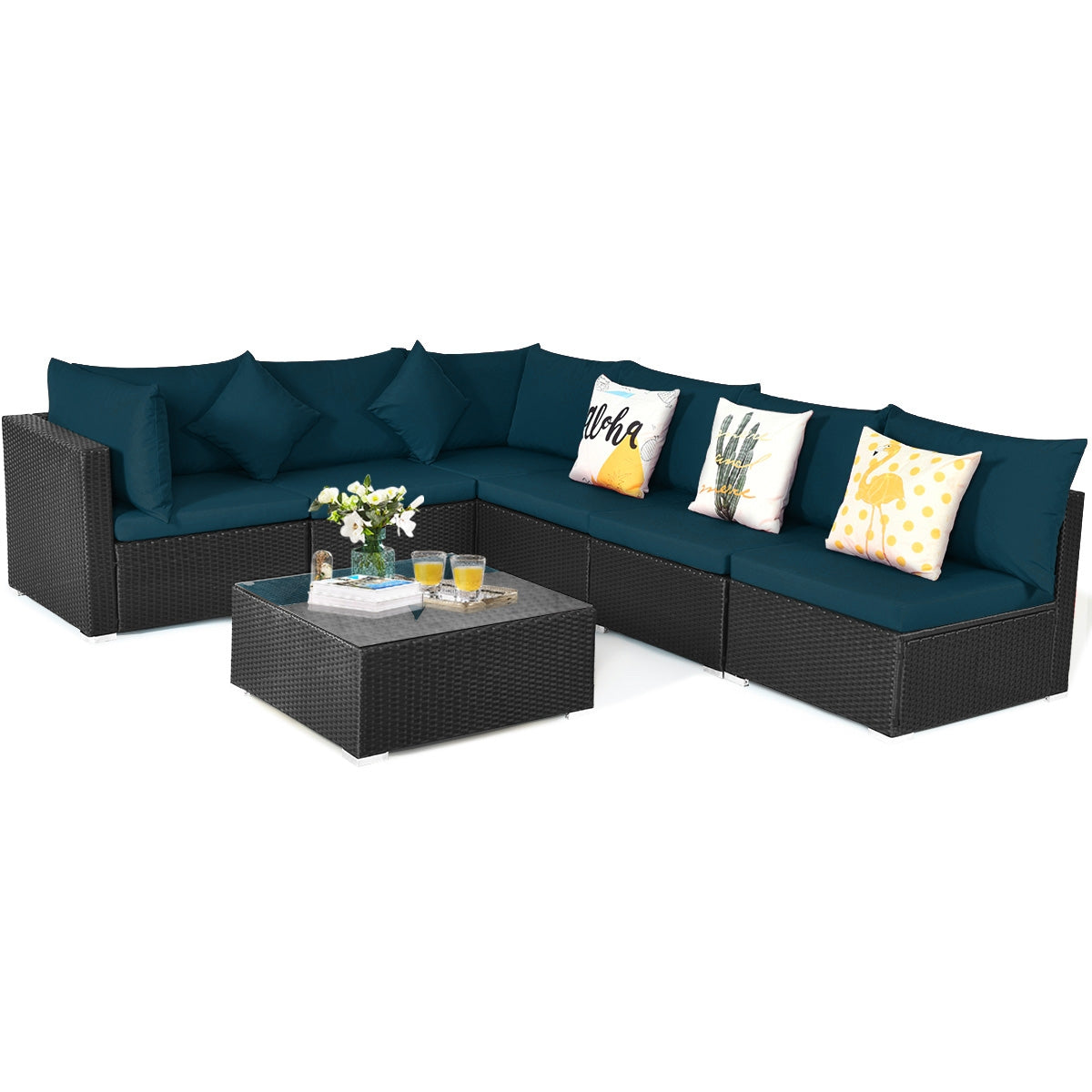 7 Pieces Sectional Wicker Furniture Sofa Set with Tempered Glass Top, Peacock Blue Outdoor Sectionals   at Gallery Canada