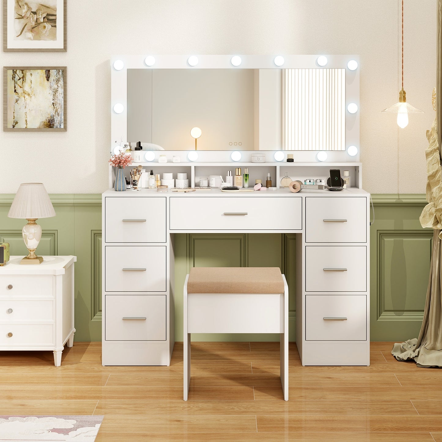 Makeup Vanity Desk with Mirror 3-Color LED Lights and Charging Station, White Makeup Vanities at Gallery Canada