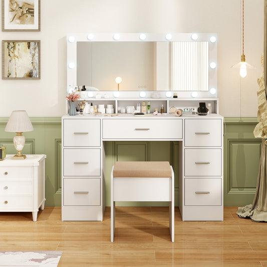 Makeup Vanity Desk with Mirror 3-Color LED Lights and Charging Station, White Makeup Vanities White at Gallery Canada