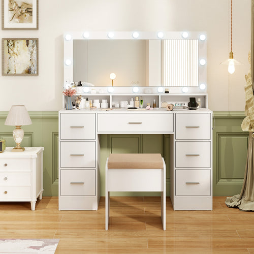 Makeup Vanity Desk with Mirror 3-Color LED Lights and Charging Station, White