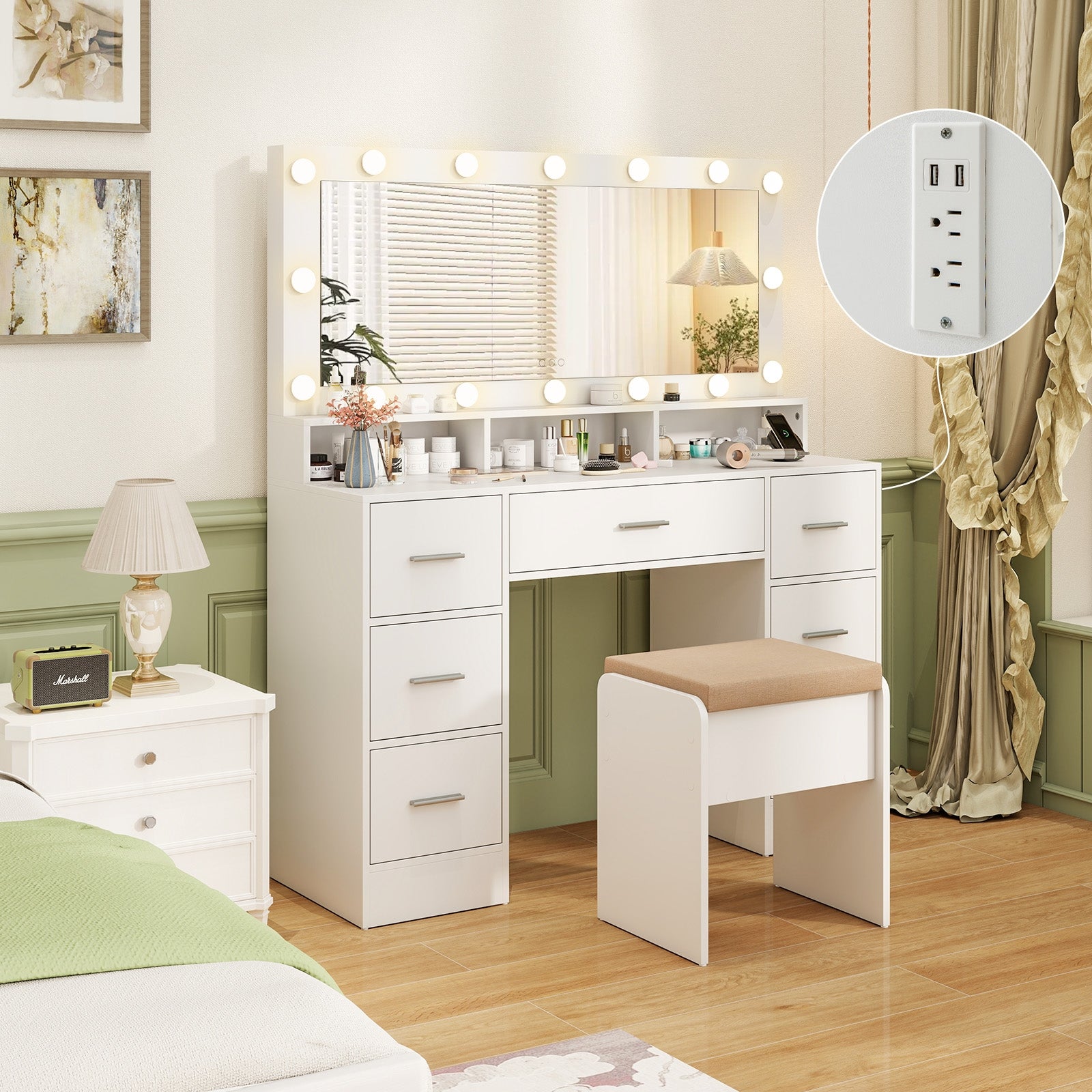 Makeup Vanity Desk with Mirror 3-Color LED Lights and Charging Station, White Makeup Vanities at Gallery Canada