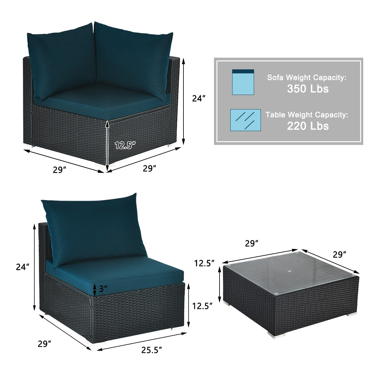 7 Pieces Sectional Wicker Furniture Sofa Set with Tempered Glass Top, Peacock Blue Outdoor Sectionals   at Gallery Canada