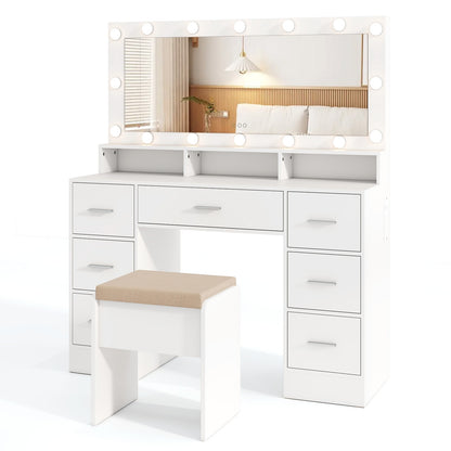 Makeup Vanity Desk with Mirror 3-Color LED Lights and Charging Station, White Makeup Vanities White at Gallery Canada