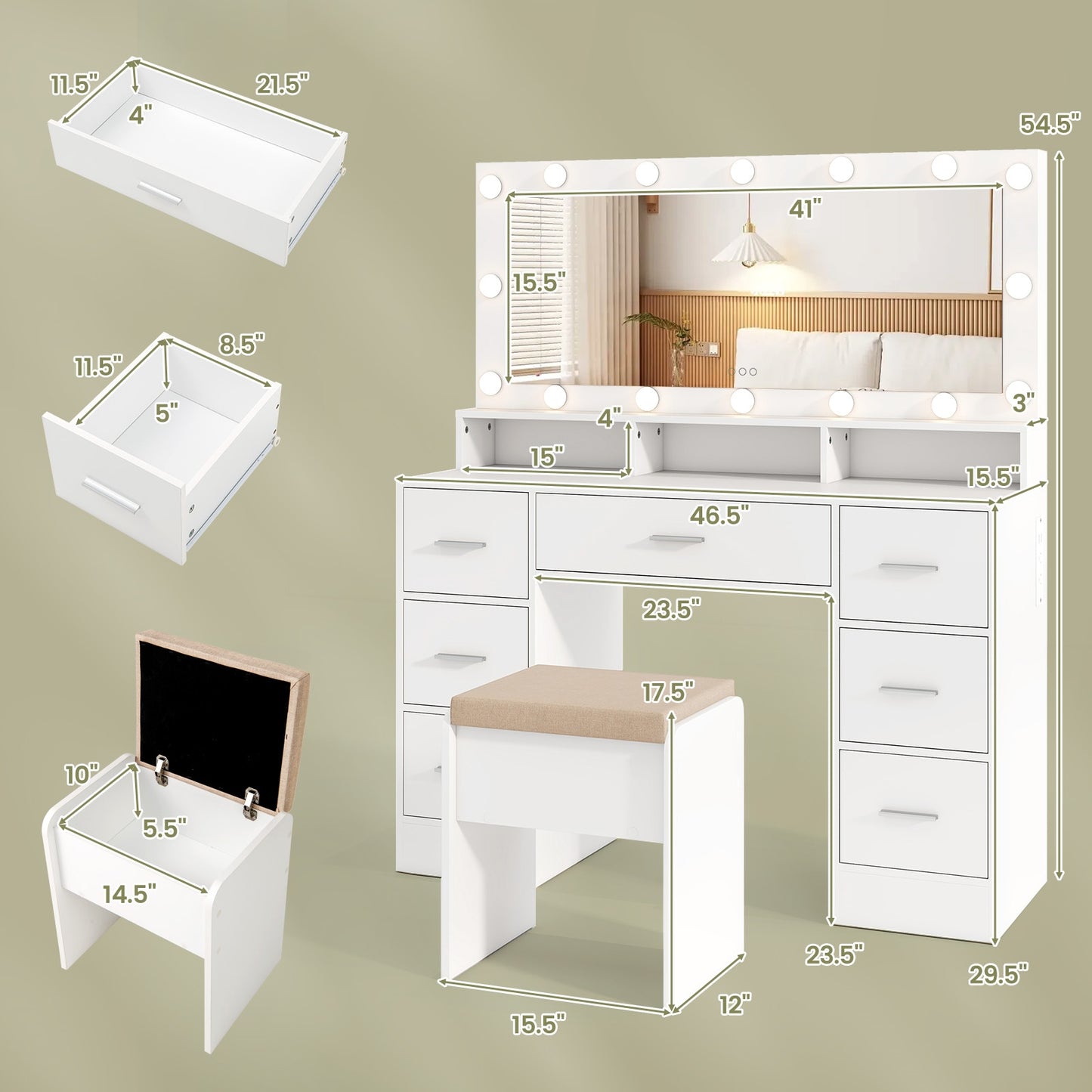 Makeup Vanity Desk with Mirror 3-Color LED Lights and Charging Station, White Makeup Vanities at Gallery Canada