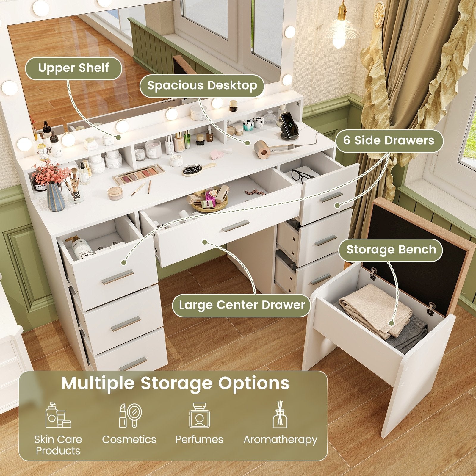 Makeup Vanity Desk with Mirror 3-Color LED Lights and Charging Station, White Makeup Vanities at Gallery Canada