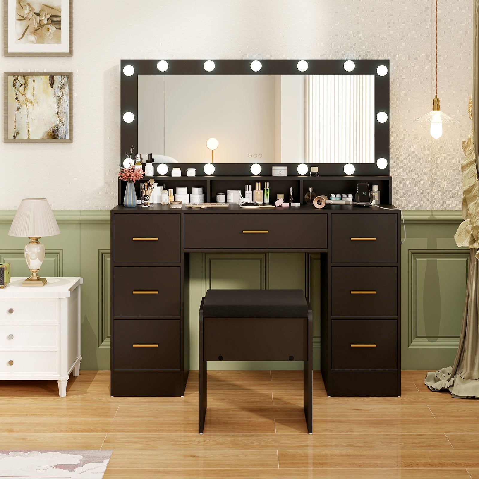 Makeup Vanity Desk with Mirror 3-Color LED Lights and Charging Station, Black Makeup Vanities at Gallery Canada