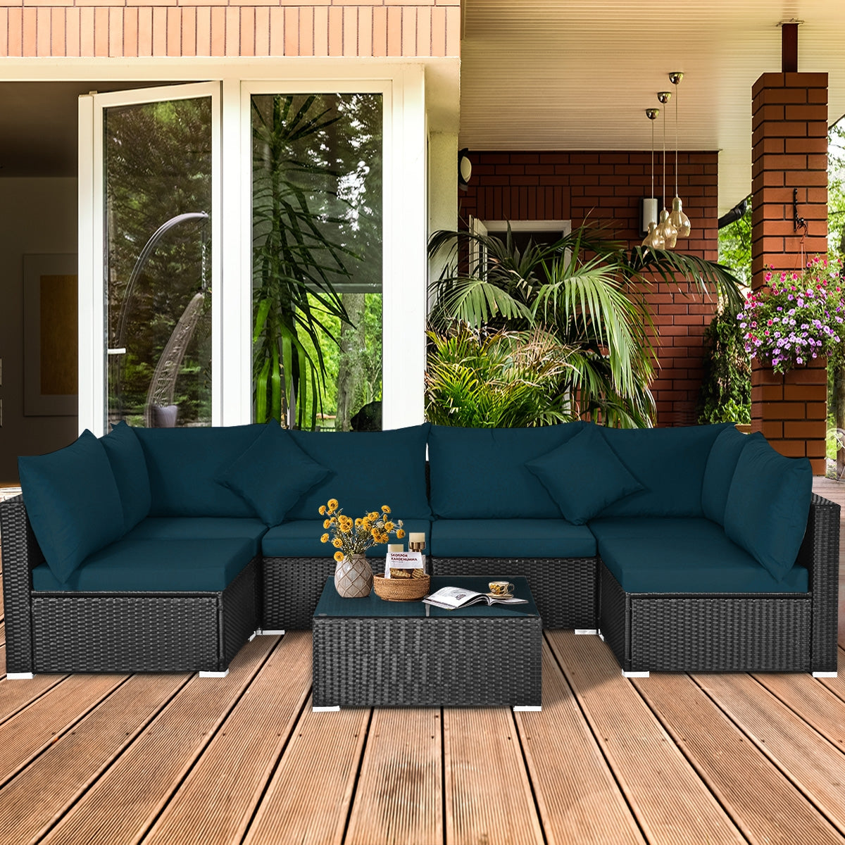 7 Pieces Sectional Wicker Furniture Sofa Set with Tempered Glass Top, Peacock Blue Outdoor Sectionals   at Gallery Canada