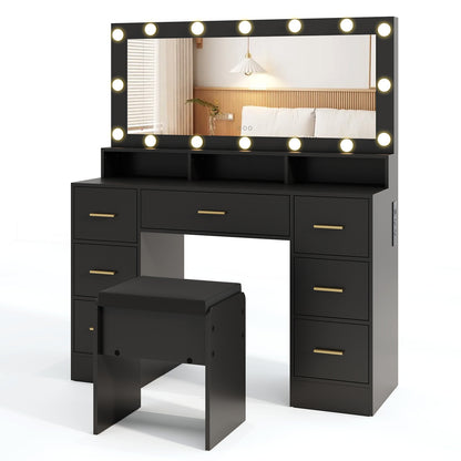 Makeup Vanity Desk with Mirror 3-Color LED Lights and Charging Station, Black Makeup Vanities Black at Gallery Canada