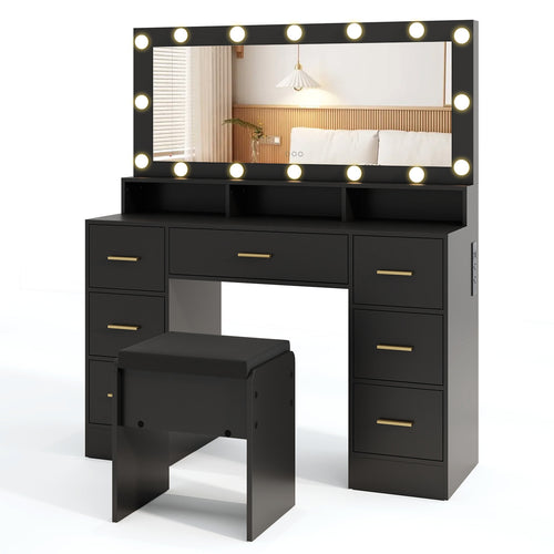 Makeup Vanity Desk with Mirror 3-Color LED Lights and Charging Station, Black