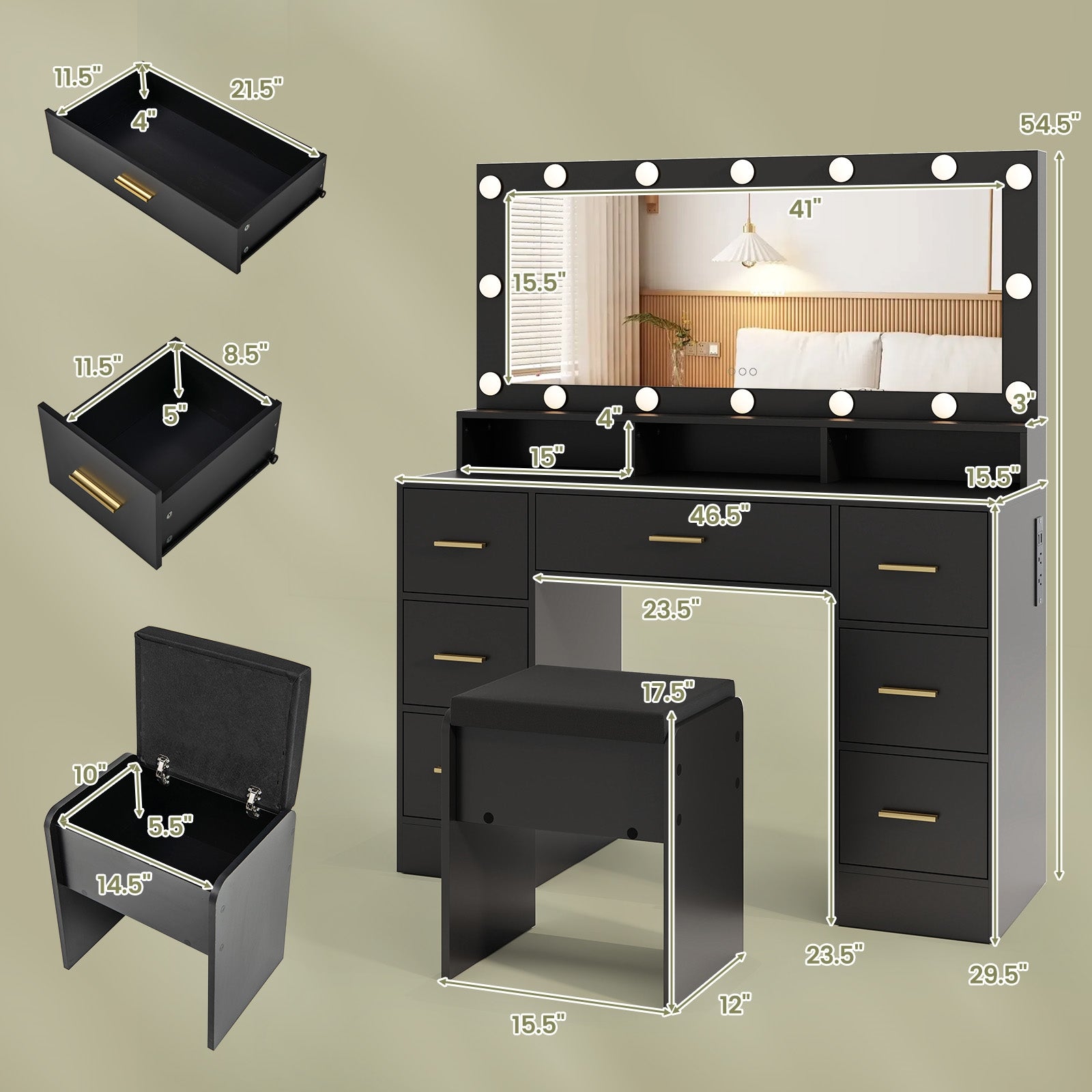 Makeup Vanity Desk with Mirror 3-Color LED Lights and Charging Station, Black Makeup Vanities at Gallery Canada