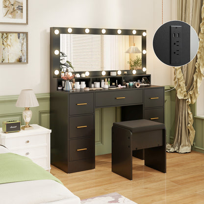 Makeup Vanity Desk with Mirror 3-Color LED Lights and Charging Station, Black Makeup Vanities at Gallery Canada