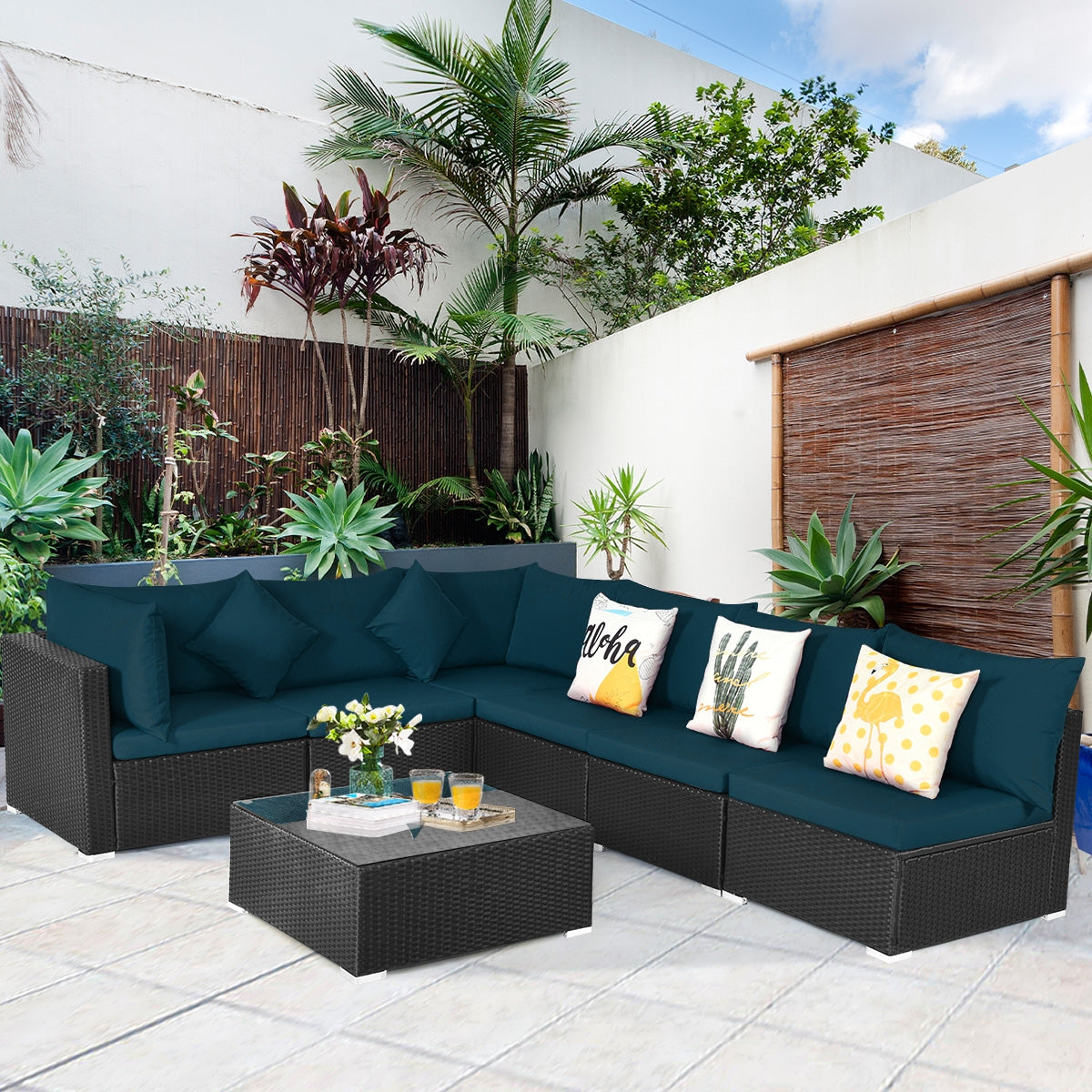 7 Pieces Sectional Wicker Furniture Sofa Set with Tempered Glass Top, Peacock Blue Outdoor Sectionals   at Gallery Canada