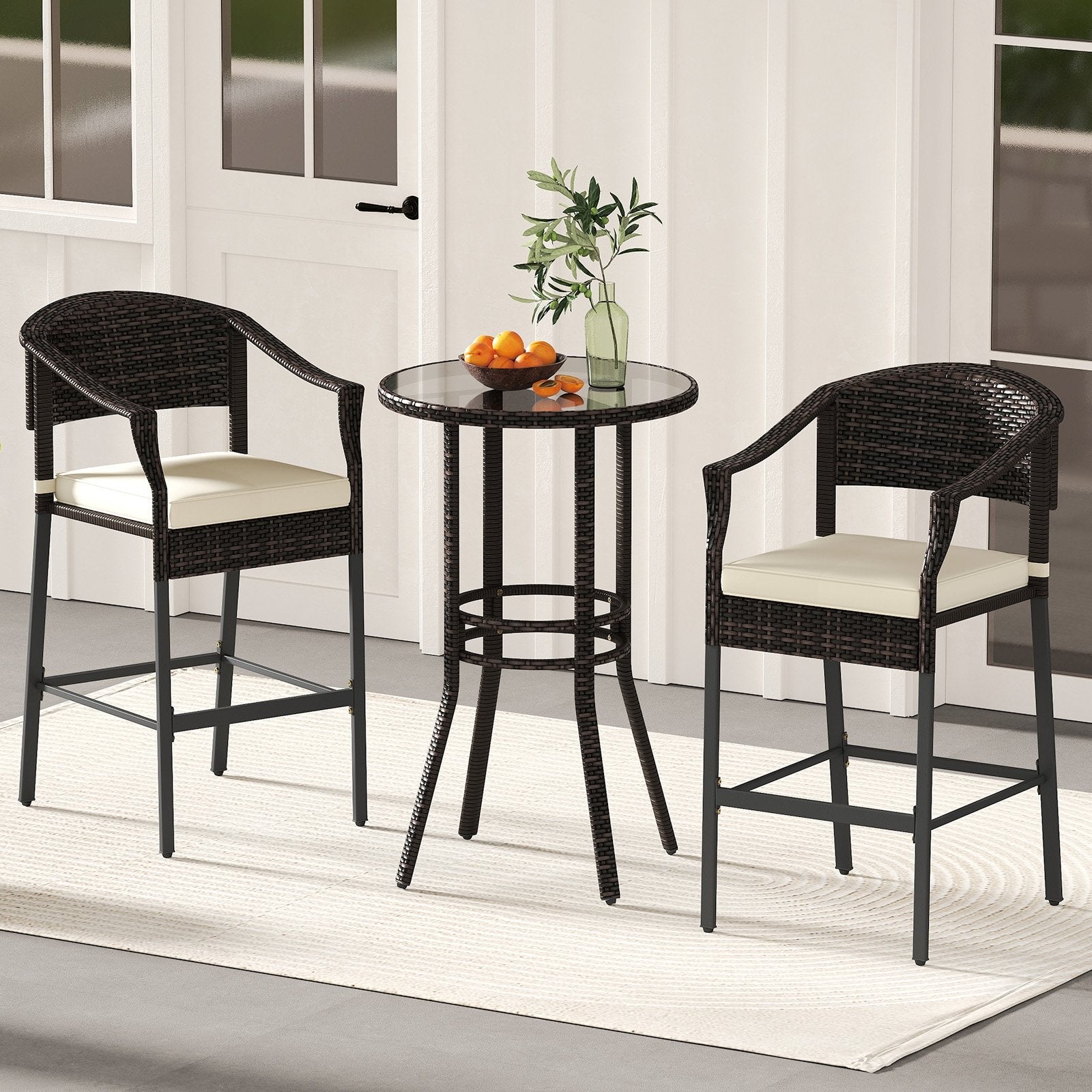 3-Piece Patio Rattan Bar Set with Tempered Glass Top for Backyard Poolside, Brown Patio Bar Furniture at Gallery Canada