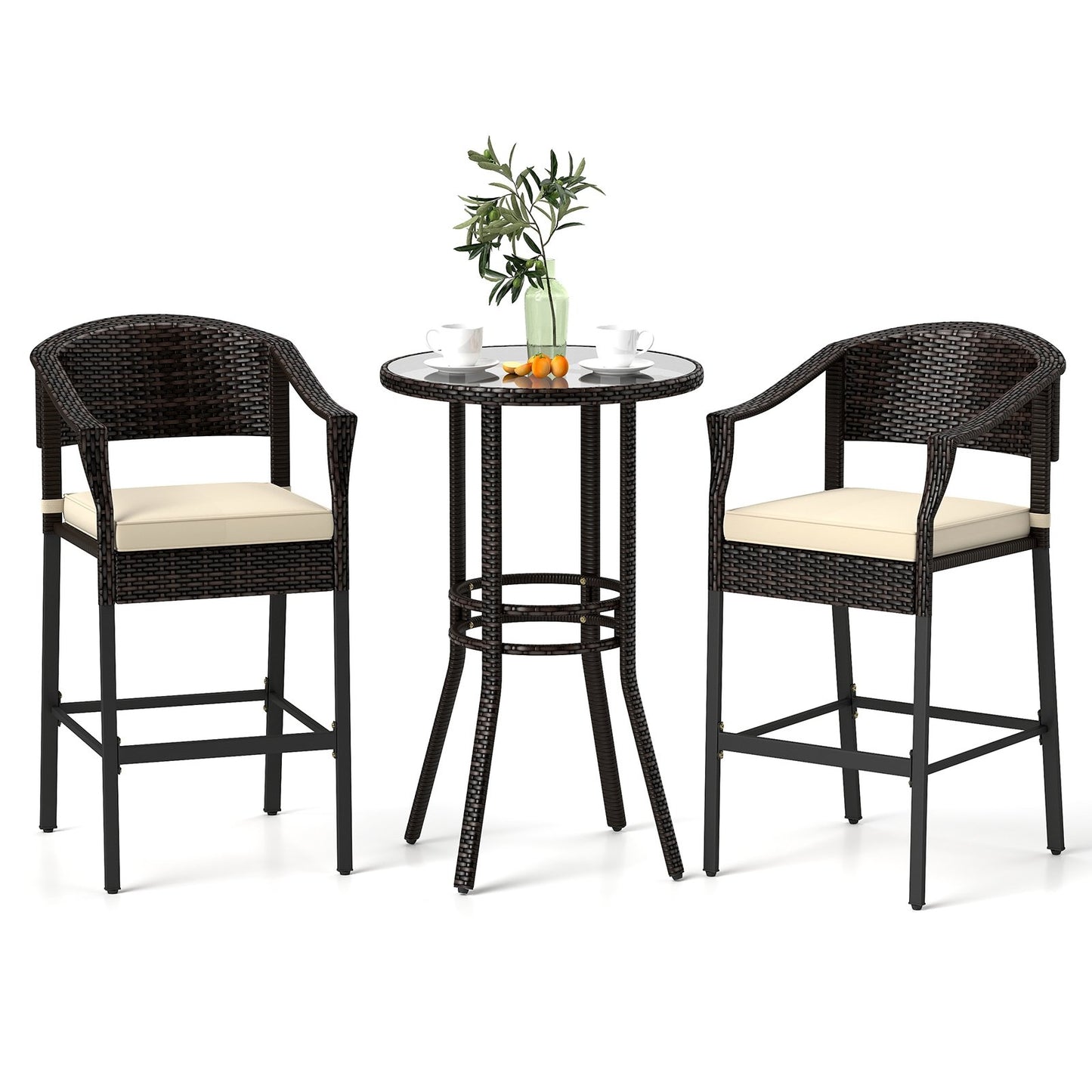 3-Piece Patio Rattan Bar Set with Tempered Glass Top for Backyard Poolside, Brown Patio Bar Furniture Brown at Gallery Canada