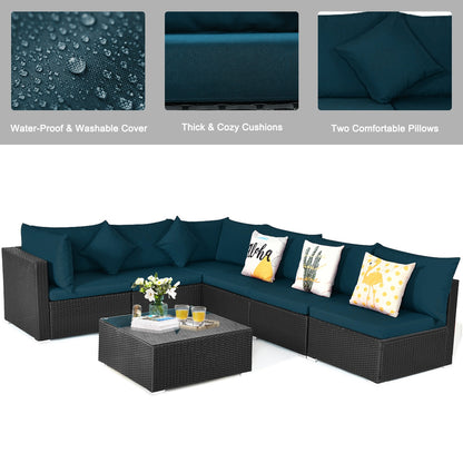 7 Pieces Sectional Wicker Furniture Sofa Set with Tempered Glass Top, Peacock Blue Outdoor Sectionals   at Gallery Canada