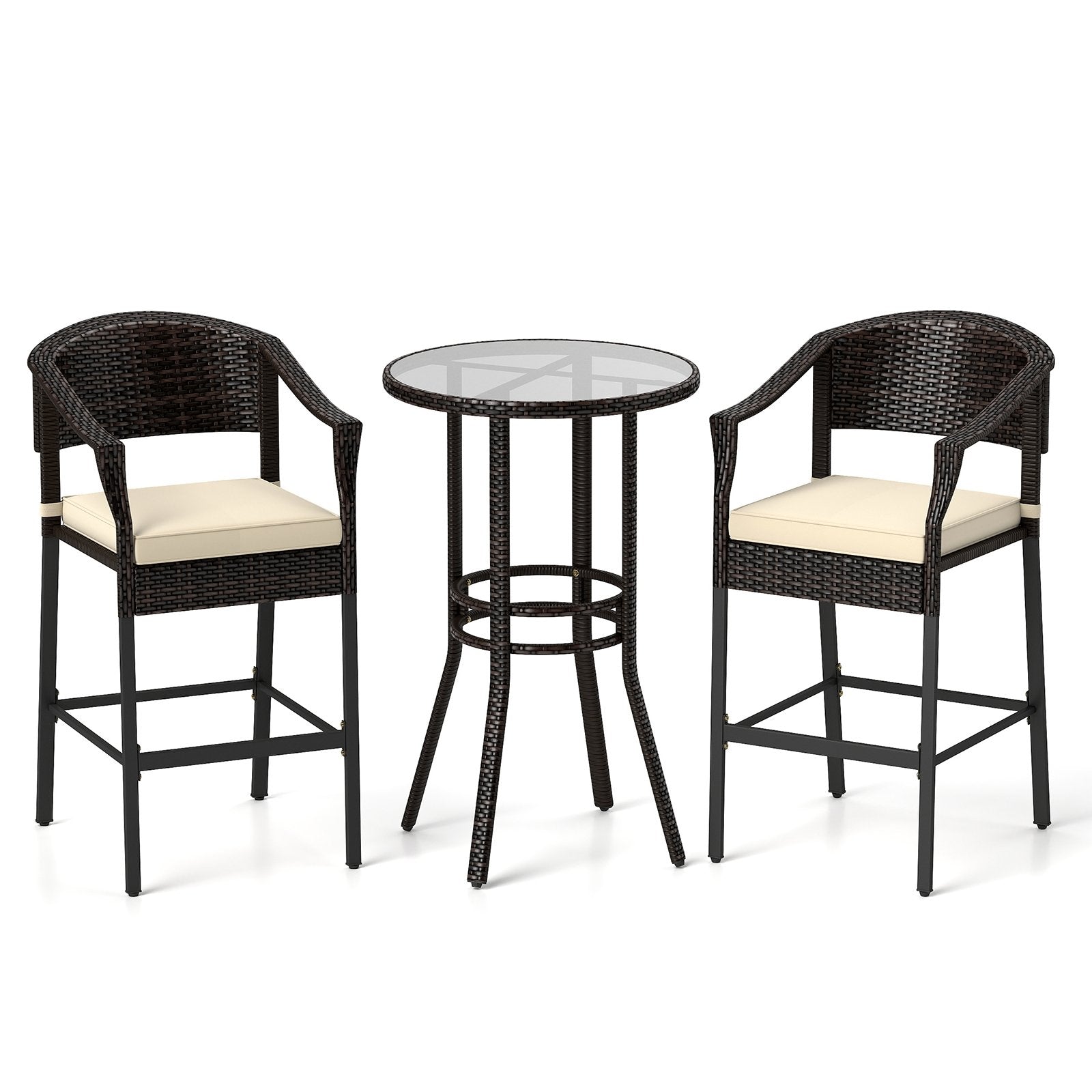 3-Piece Patio Rattan Bar Set with Tempered Glass Top for Backyard Poolside, Brown Patio Bar Furniture at Gallery Canada