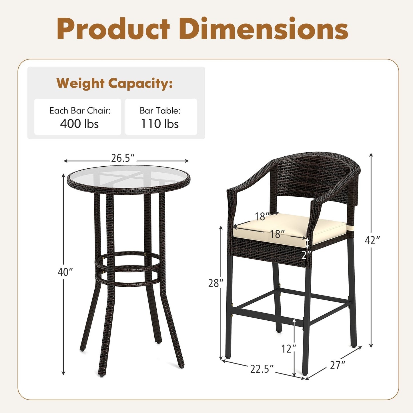 3-Piece Patio Rattan Bar Set with Tempered Glass Top for Backyard Poolside, Brown Patio Bar Furniture at Gallery Canada