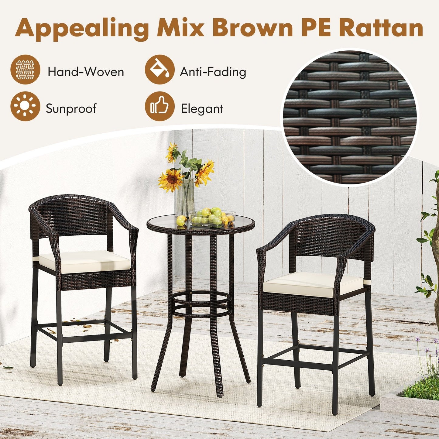 3-Piece Patio Rattan Bar Set with Tempered Glass Top for Backyard Poolside, Brown Patio Bar Furniture at Gallery Canada