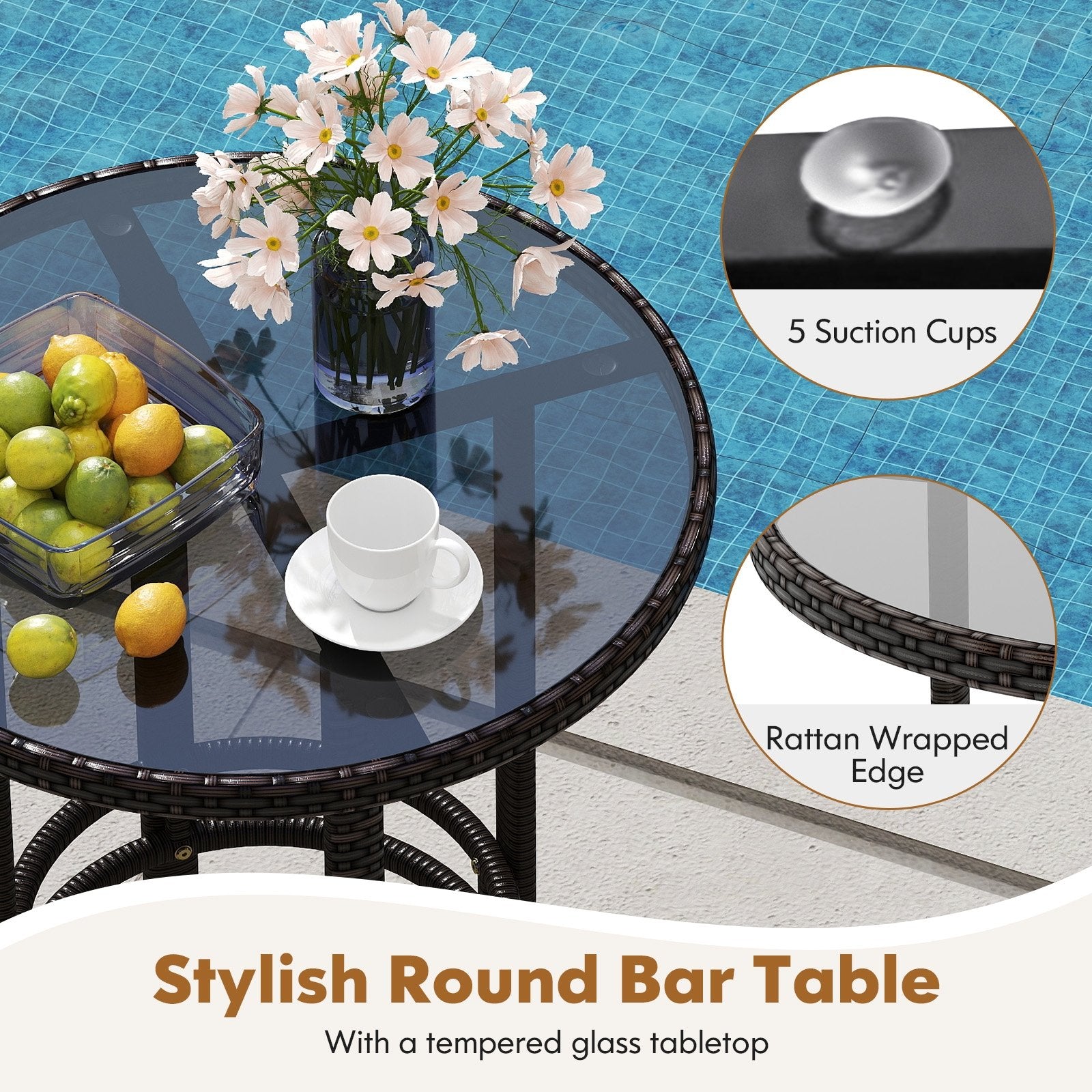 3-Piece Patio Rattan Bar Set with Tempered Glass Top for Backyard Poolside, Brown Patio Bar Furniture at Gallery Canada