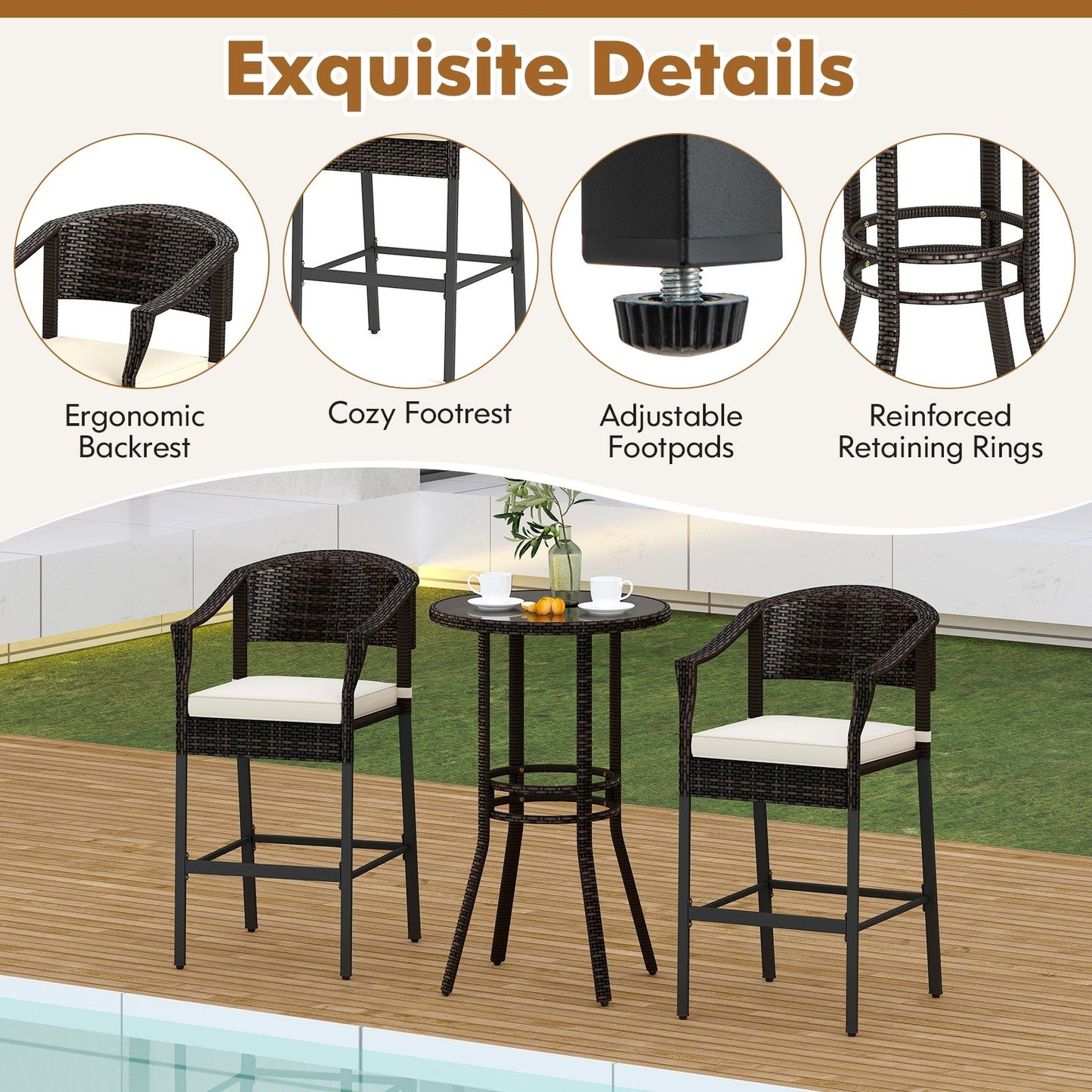 3-Piece Patio Rattan Bar Set with Tempered Glass Top for Backyard Poolside, Brown Patio Bar Furniture at Gallery Canada